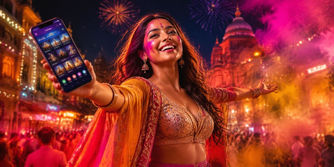 Indian player enjoying mobile casino games during Holi festival